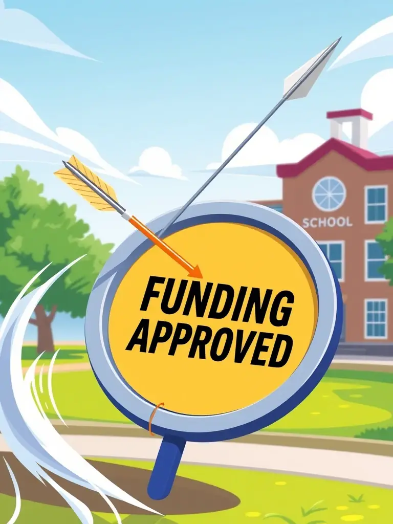 A digital illustration showing a fast-moving arrow hitting a target labeled 'Funding Approved' with a school building in the background.