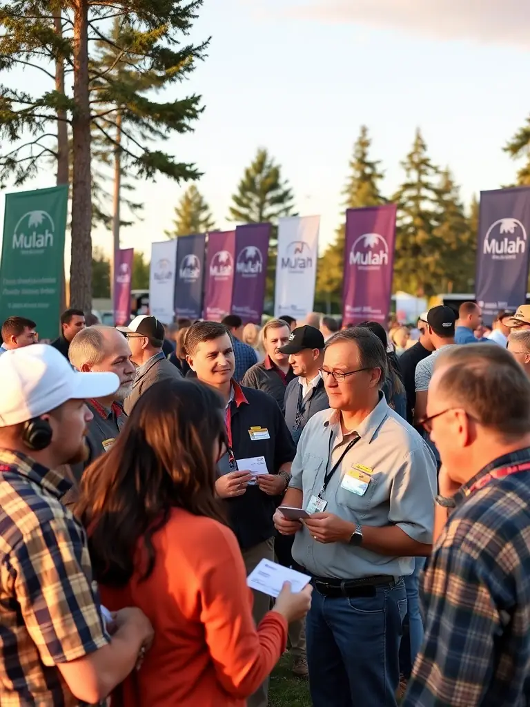 A diverse group of logging professionals networking at an industry event sponsored by Mulah, highlighting community support.