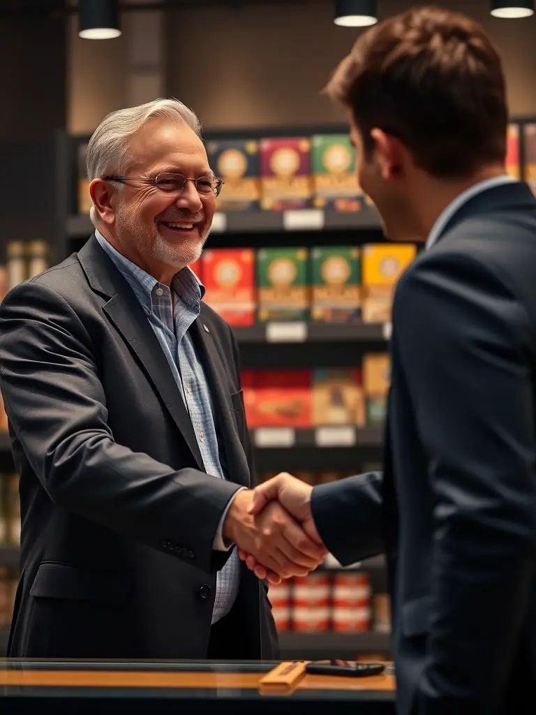 A tobacco shop owner smiling and shaking hands with a Mulah representative, symbolizing a successful funding partnership.