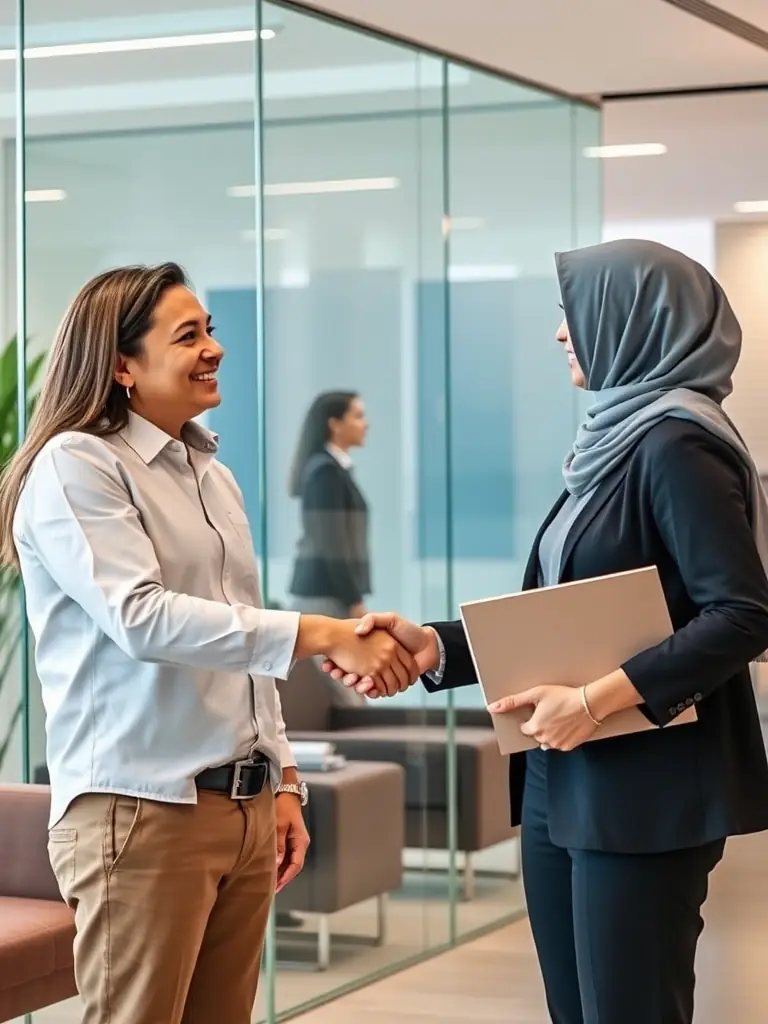 A friendly optometrist shaking hands with a Mulah representative in a modern office setting, symbolizing trust and partnership.