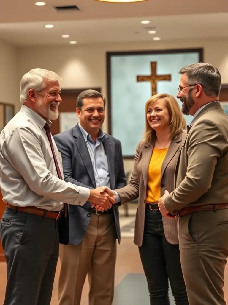 A diverse group of church leaders smiling and shaking hands, symbolizing partnership and trust in financial solutions.