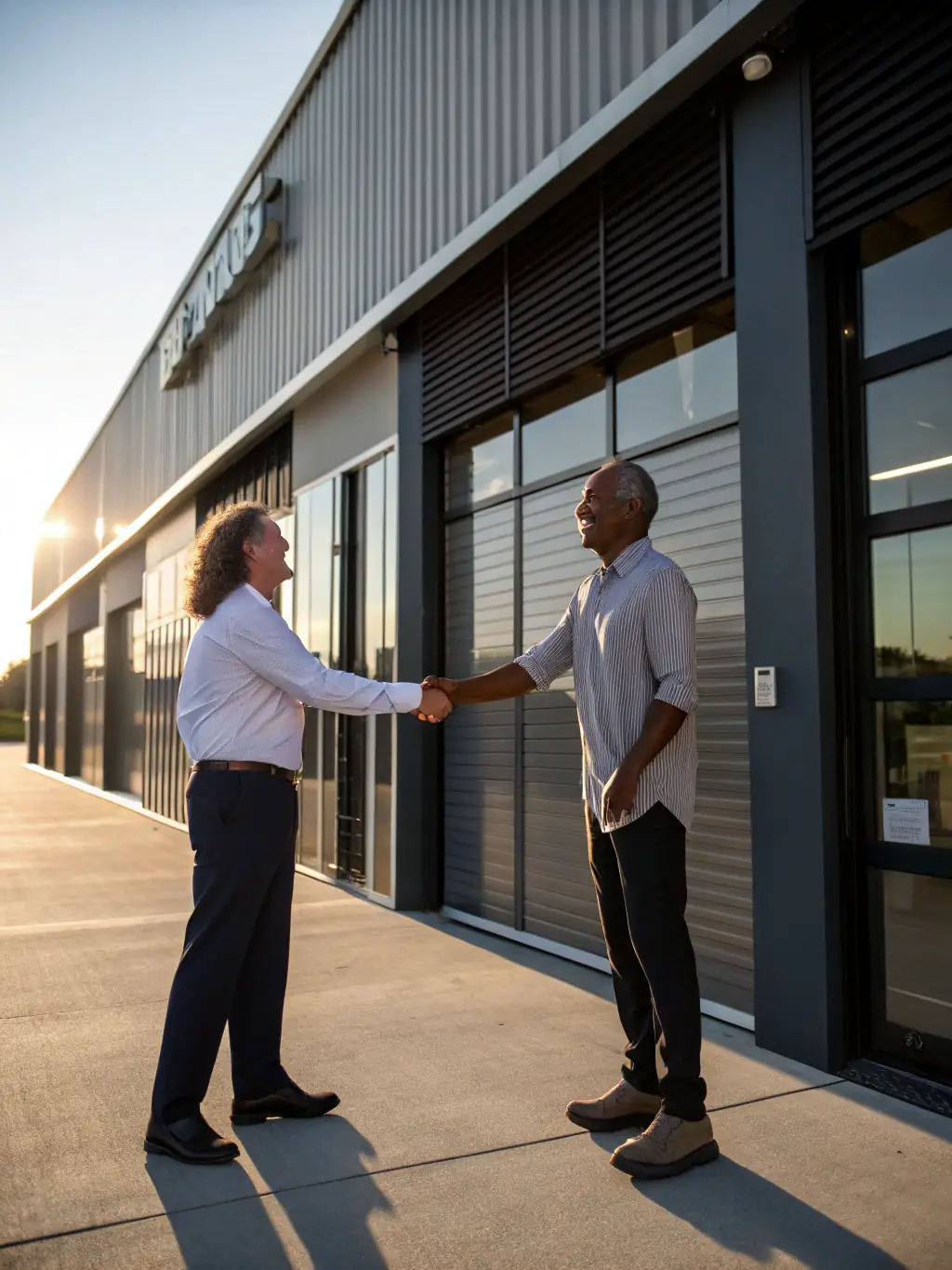 A professional photograph of a storage facility owner smiling and shaking hands with a Mulah representative, symbolizing a successful partnership.