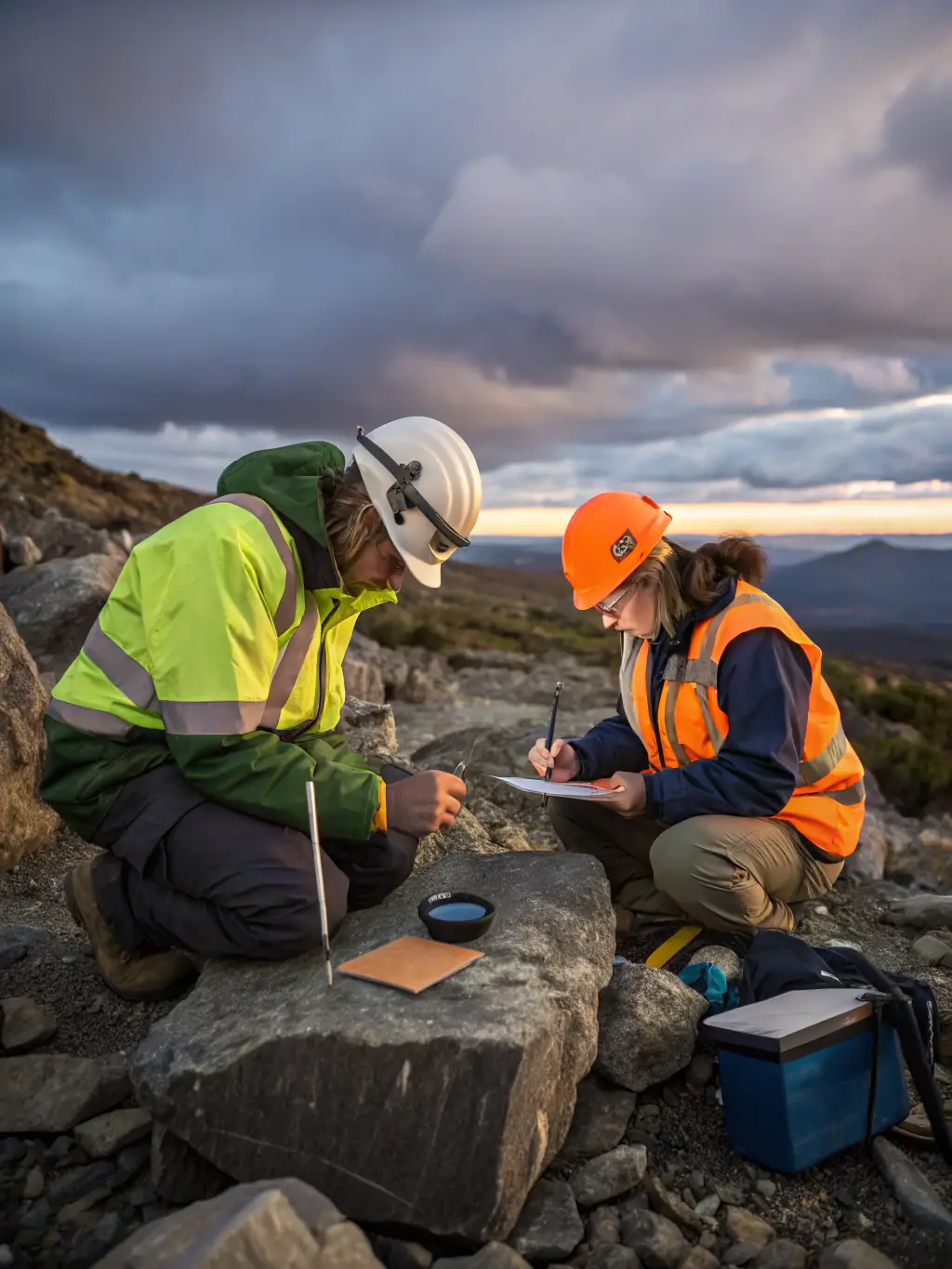 A close-up shot of a geologist's hands examining a rock sample with a magnifying glass, highlighting the detailed analysis involved in mineral assessment for funding purposes.