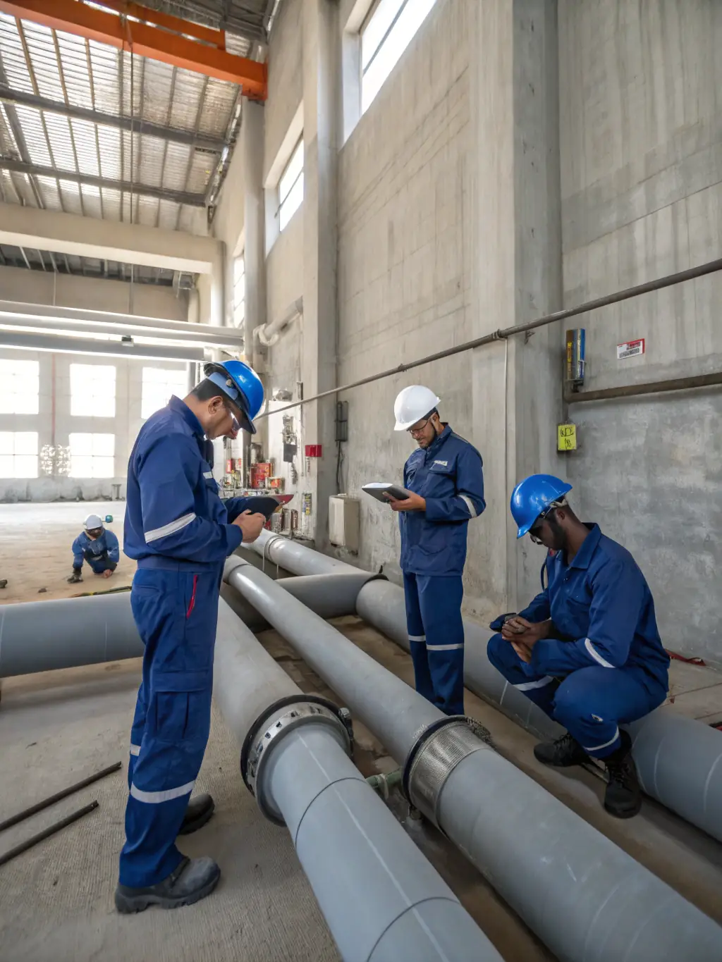 A diverse team of plumbers collaborating on a large-scale project, showcasing the benefits of project-based funding.