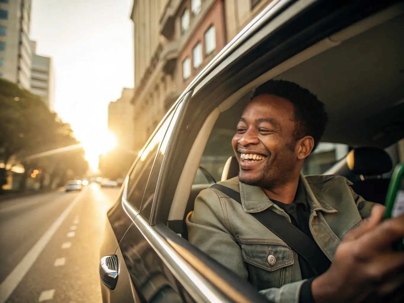 A Lyft driver smiling confidently while holding a Mulah-branded tablet, showcasing the ease of managing their finances on the go.