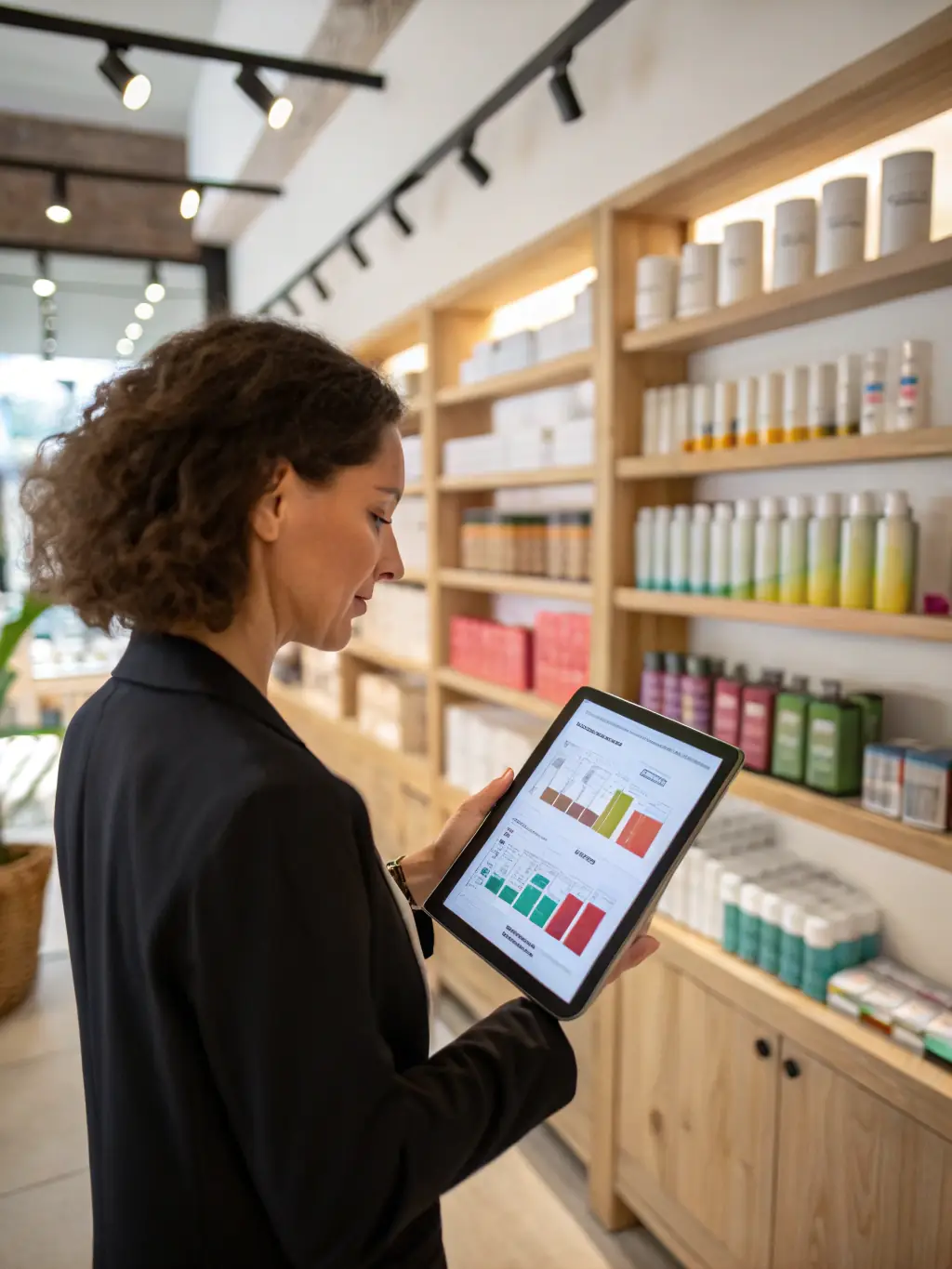 A retail store owner smiling and confidently pointing at a tablet displaying positive sales figures, symbolizing growth and success achieved with OnDeckClone's funding.
