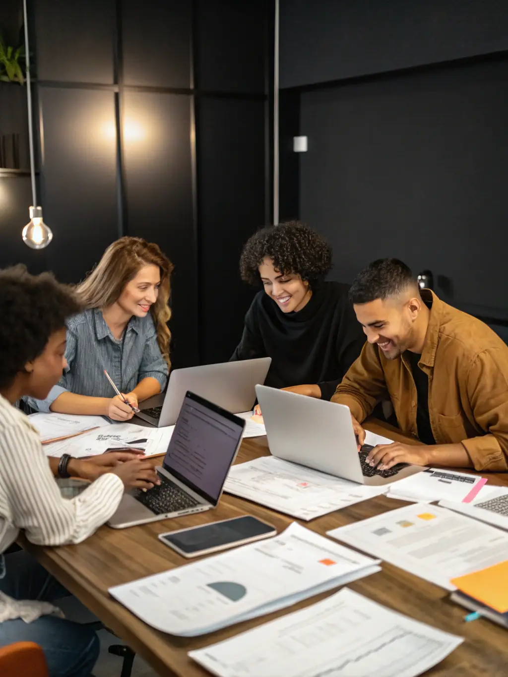 A diverse team of sign language interpreters collaborating in a modern office, symbolizing business expansion and increased service capacity.