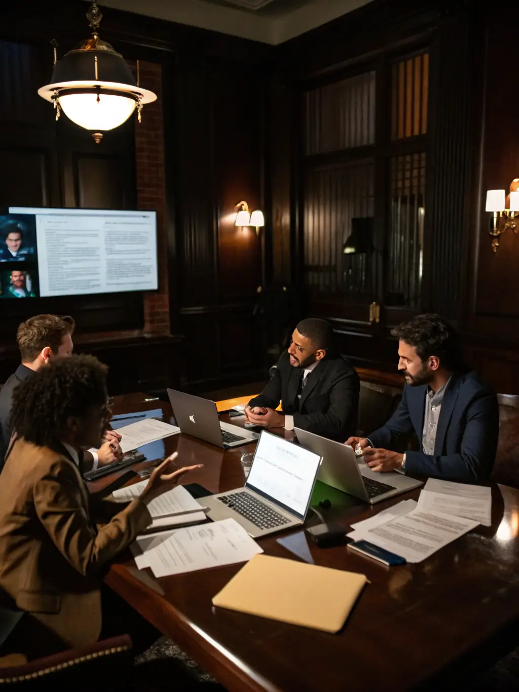 A team of lawyers strategizing around a table, with charts and graphs displayed on a screen, representing expansion funding for legal practices.