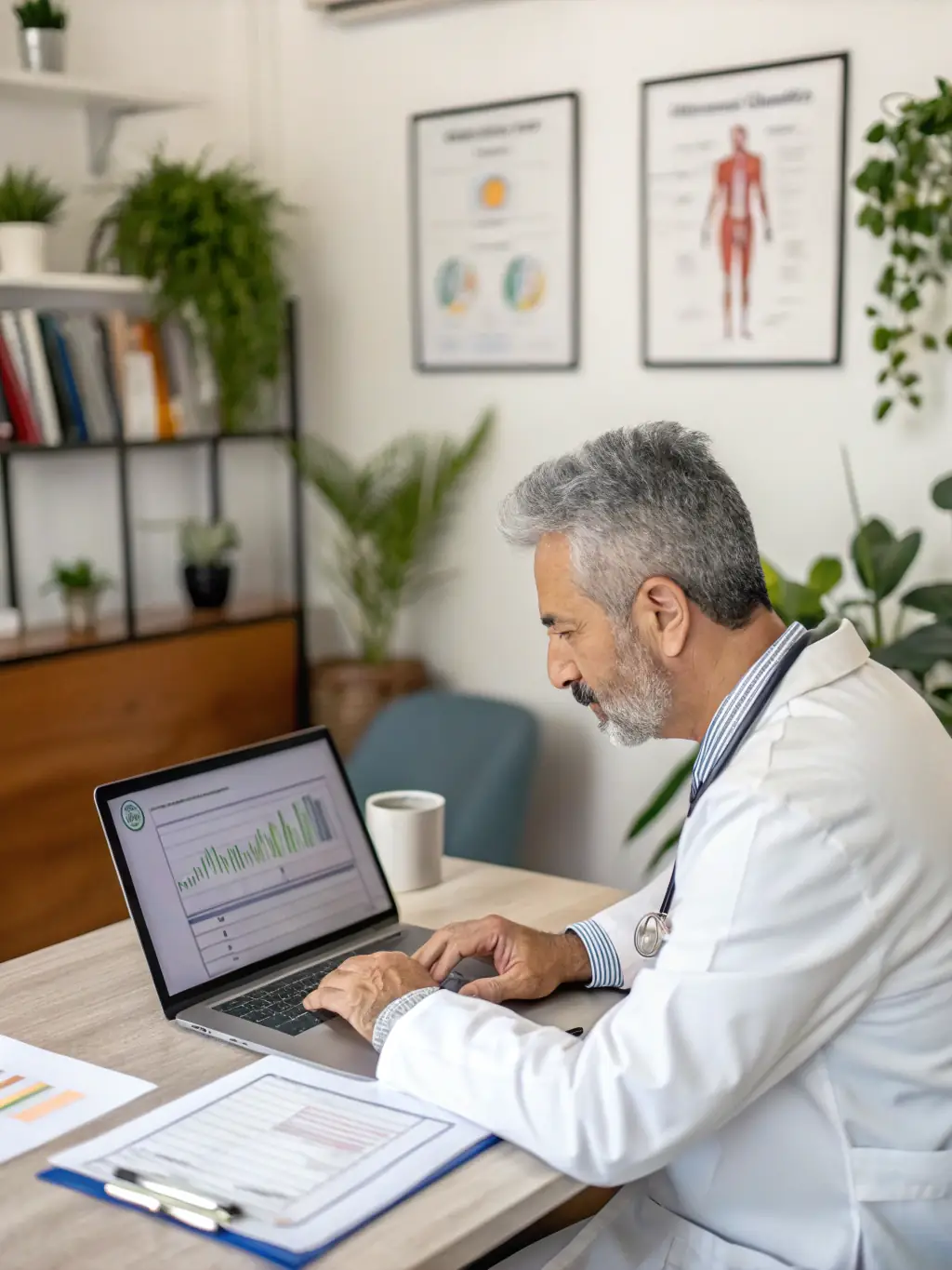 An image of a medical training business owner reviewing financial reports with a sense of accomplishment, representing the financial stability achieved through Mulah.