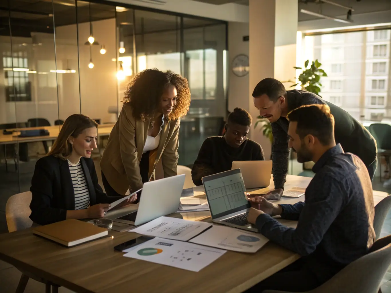 A diverse group of salon professionals collaborating and planning in a modern office setting, highlighting industry expertise.