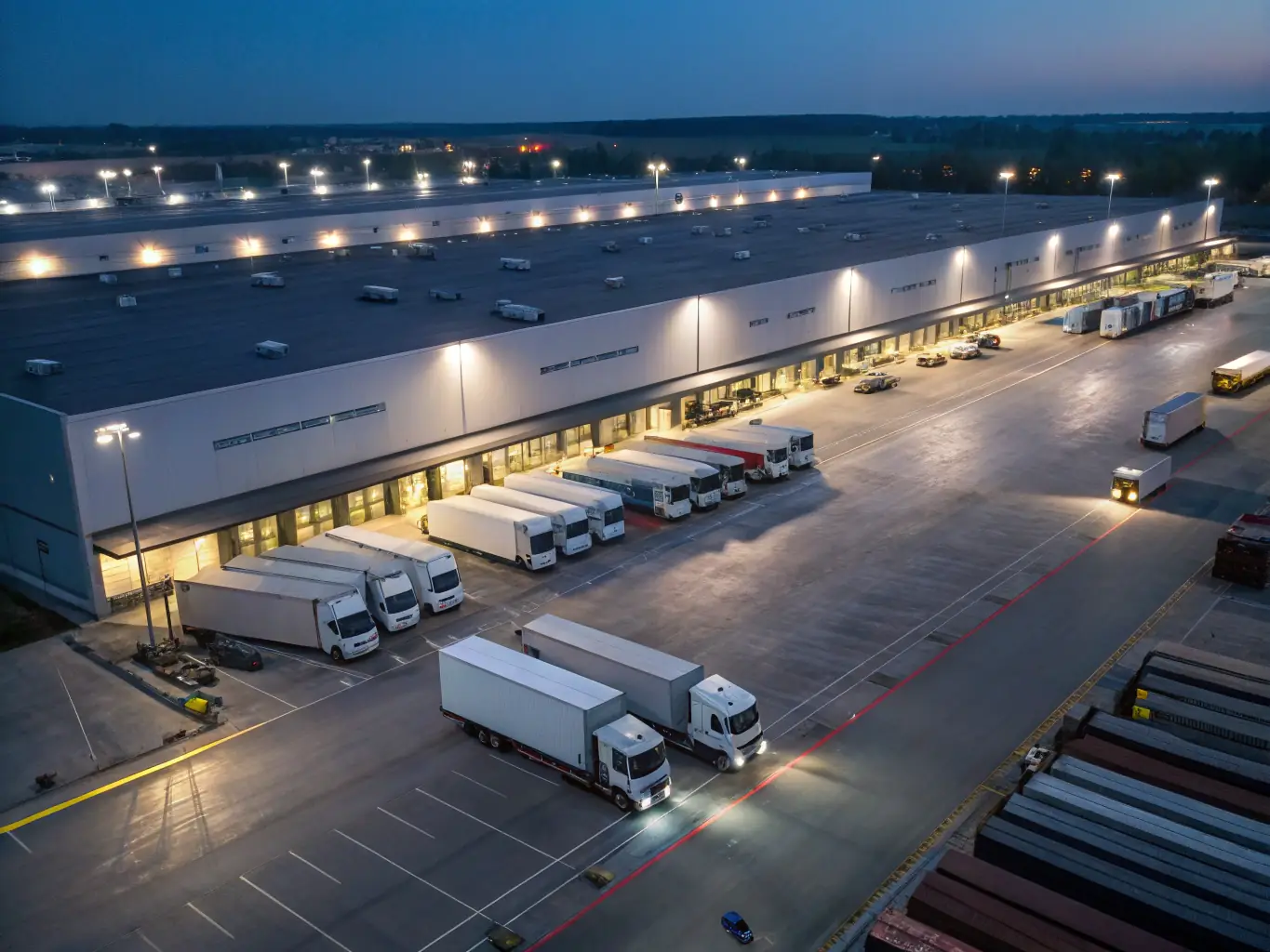 A modern semi-truck fleet is lined up at a distribution center, symbolizing the backbone of the transportation industry and the potential for growth with strategic funding.