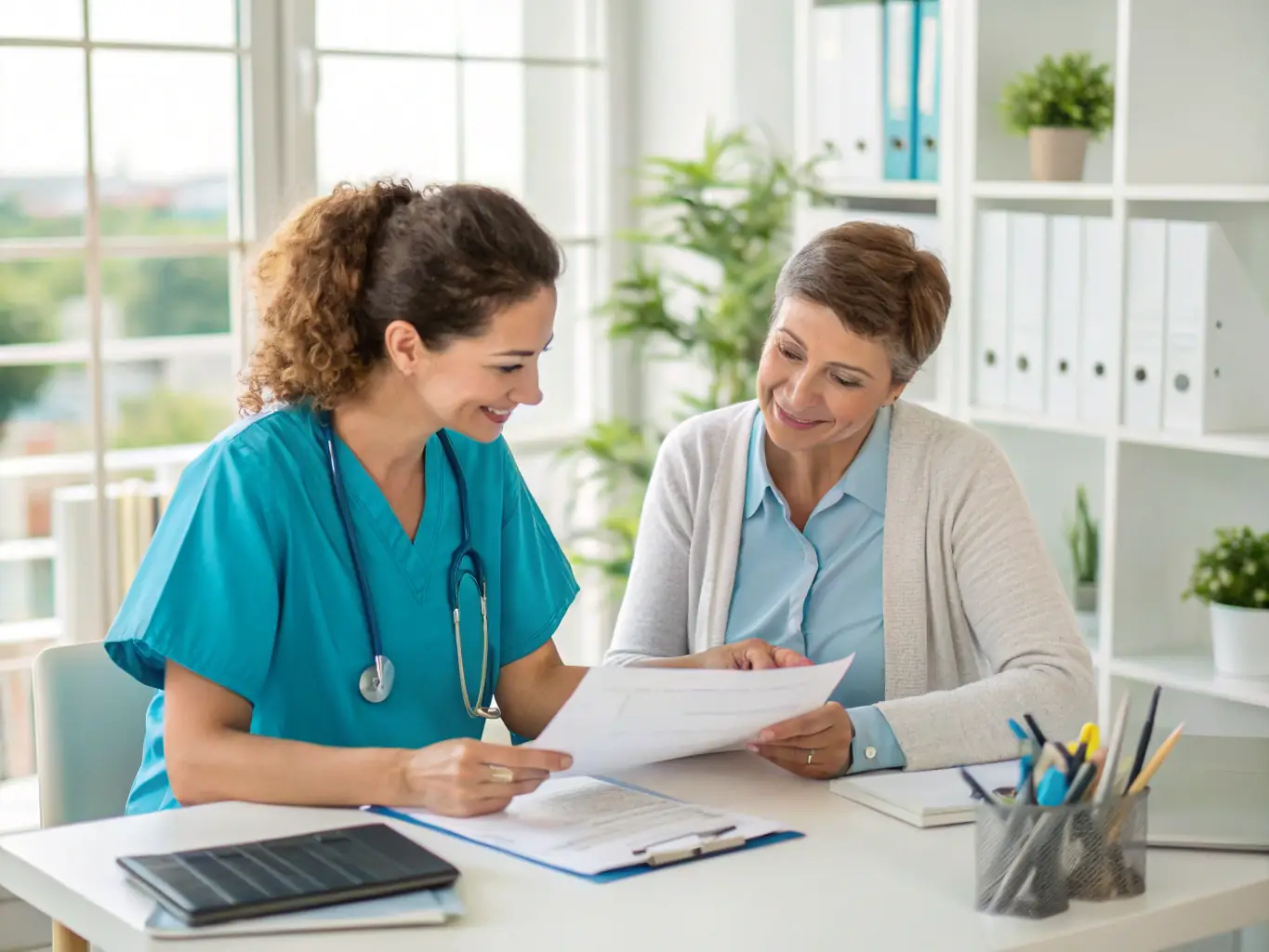 A doctor reviewing financial documents in a well-lit office, representing financial expertise and trust.