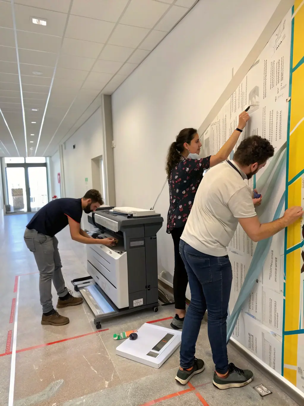 A dynamic image of employees working collaboratively in a print shop, managing orders and optimizing workflow. The scene should depict a busy but organized environment, ideal for working capital promotion.