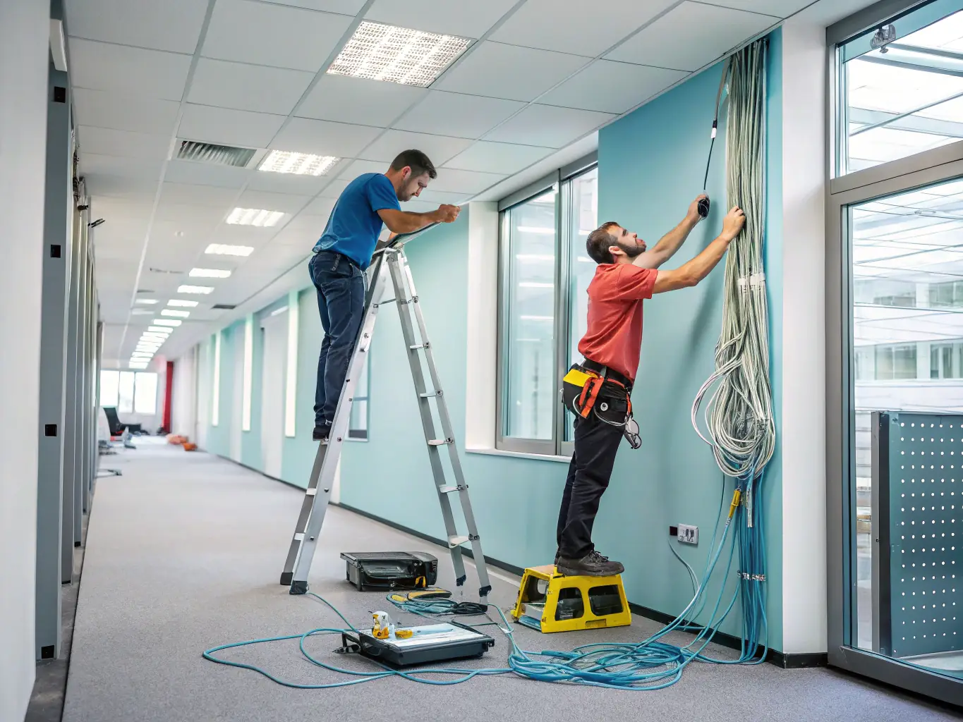 A high-tech image of a new generation telecommunications equipment being installed, showcasing the importance of equipment financing for telecom companies.