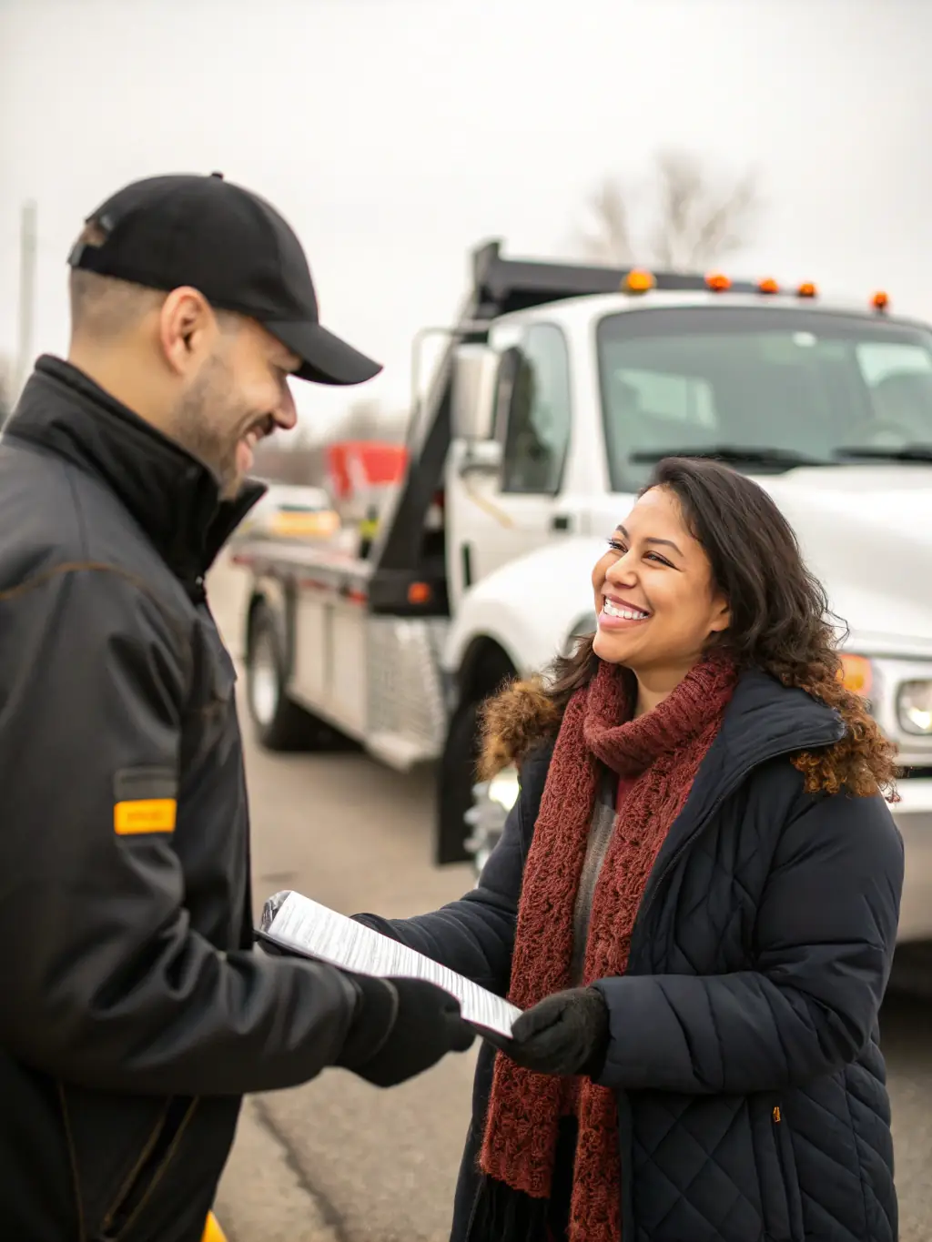A tow truck operator smiling and shaking hands with a Mulah funding representative in front of a well-maintained tow truck, symbolizing partnership and trust.