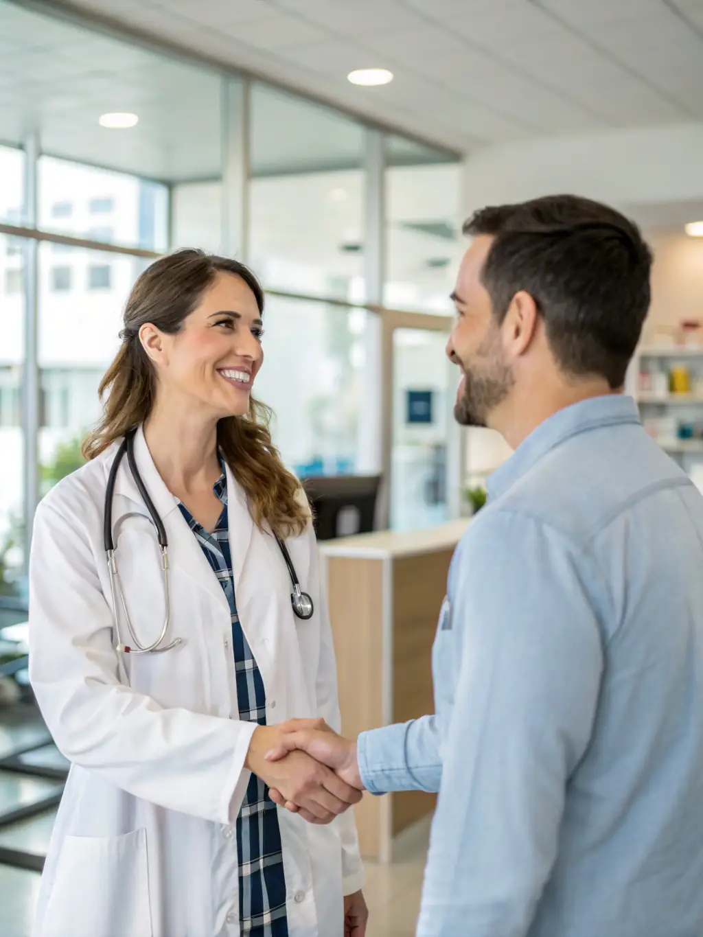 A primary care physician smiling and confidently shaking hands with a Mulah representative in a modern office setting, symbolizing a successful partnership.