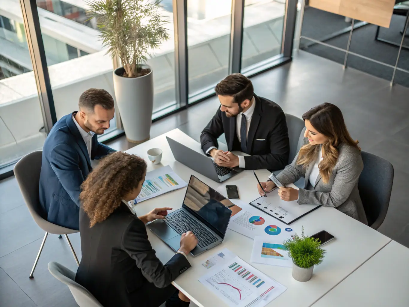 A professional photograph of a diverse team of financial advisors in a modern office setting, collaborating on shipping business funding strategies, with charts and graphs displayed on a large screen in the background.