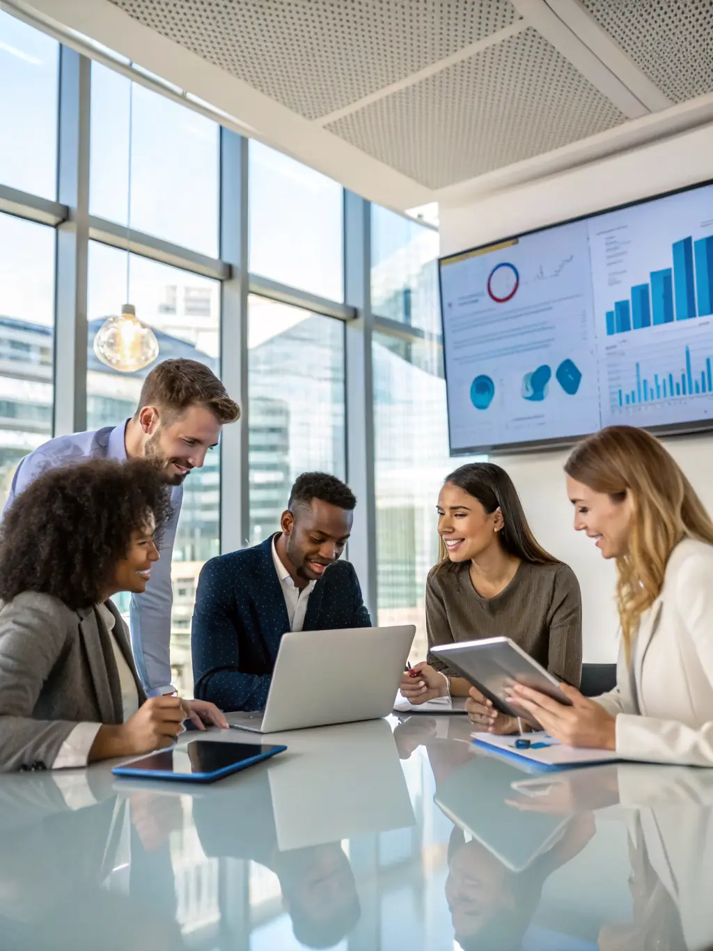 A diverse team of tech experts analyzing market trends and providing tailored funding strategies for a software company.