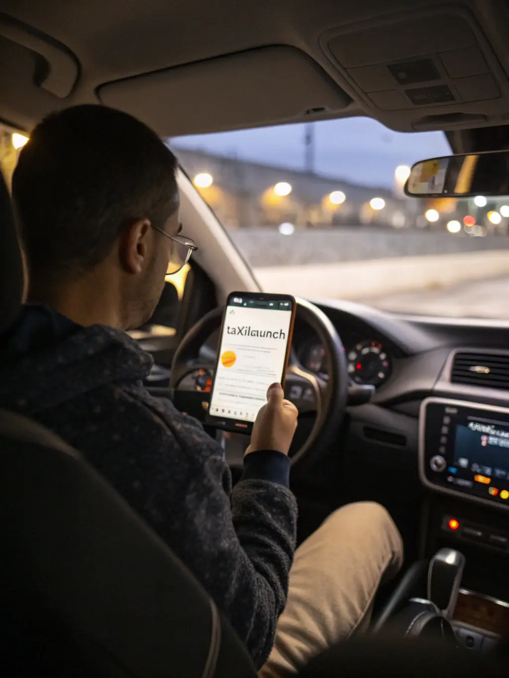 A professional photograph of a Lyft driver using a smartphone to accept a ride request, with a subtle overlay of financial charts in the background, symbolizing the connection between driving and financial growth.