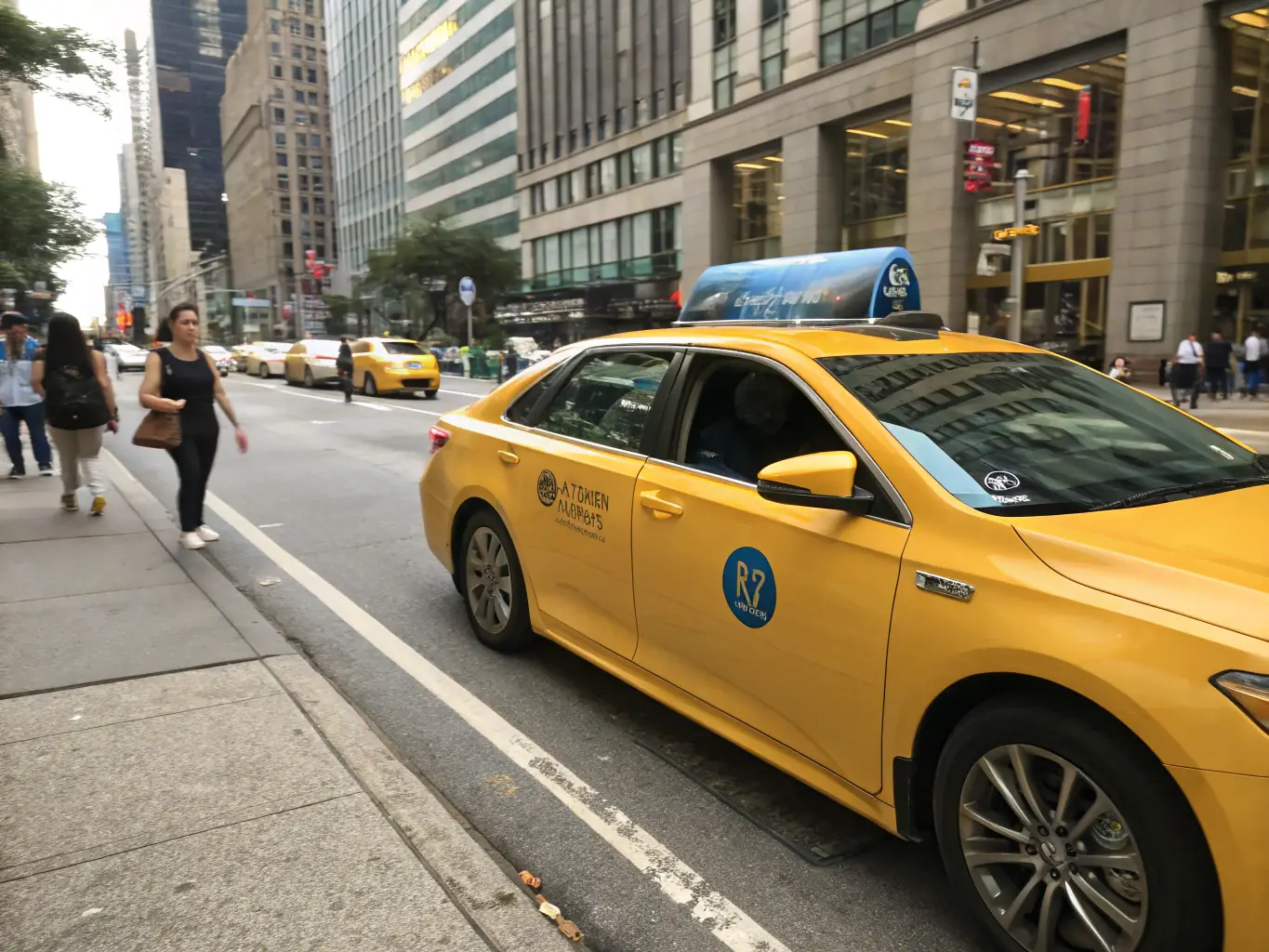 A professional taxi driver smiling and confidently standing next to his well-maintained taxi cab in a busy urban setting, symbolizing reliability and success.