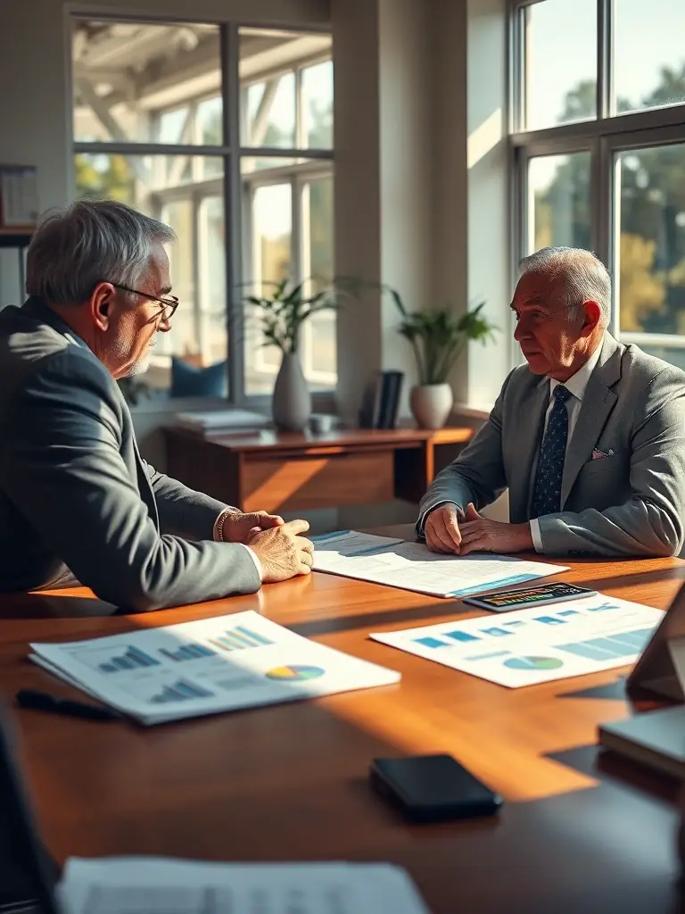 A photo of a junk yard owner reviewing financial documents with a Mulah representative, showcasing personalized financial planning.