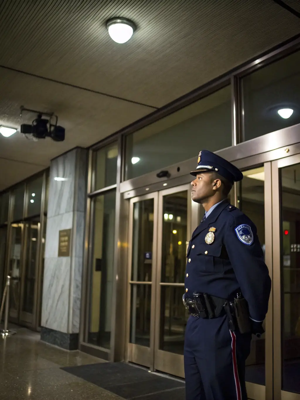 A professional security guard standing confidently in front of a modern office building at night, symbolizing trust and reliability.