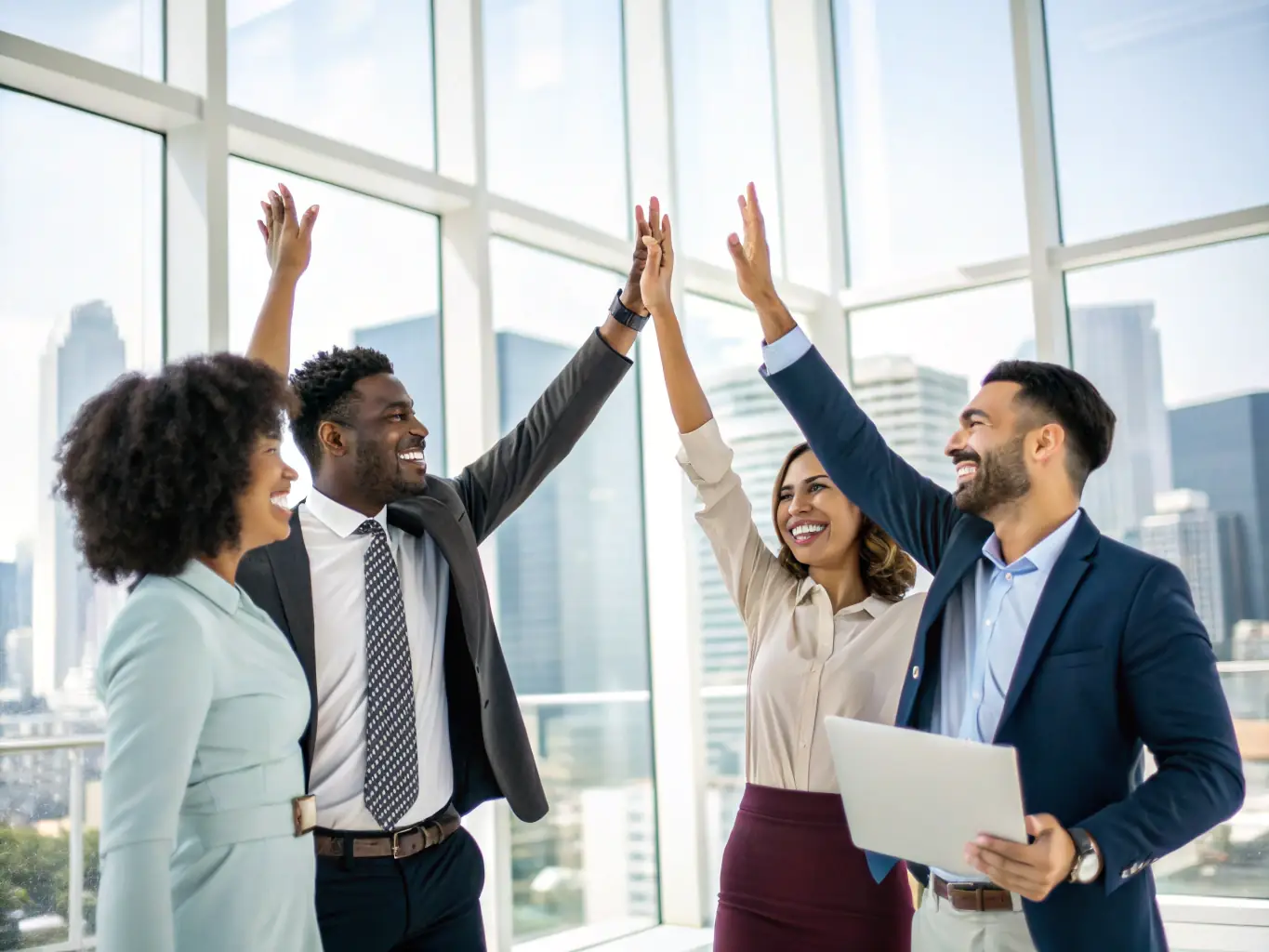 A modern office space with a team celebrating a successful project milestone, symbolizing the use of term funding for expansion.