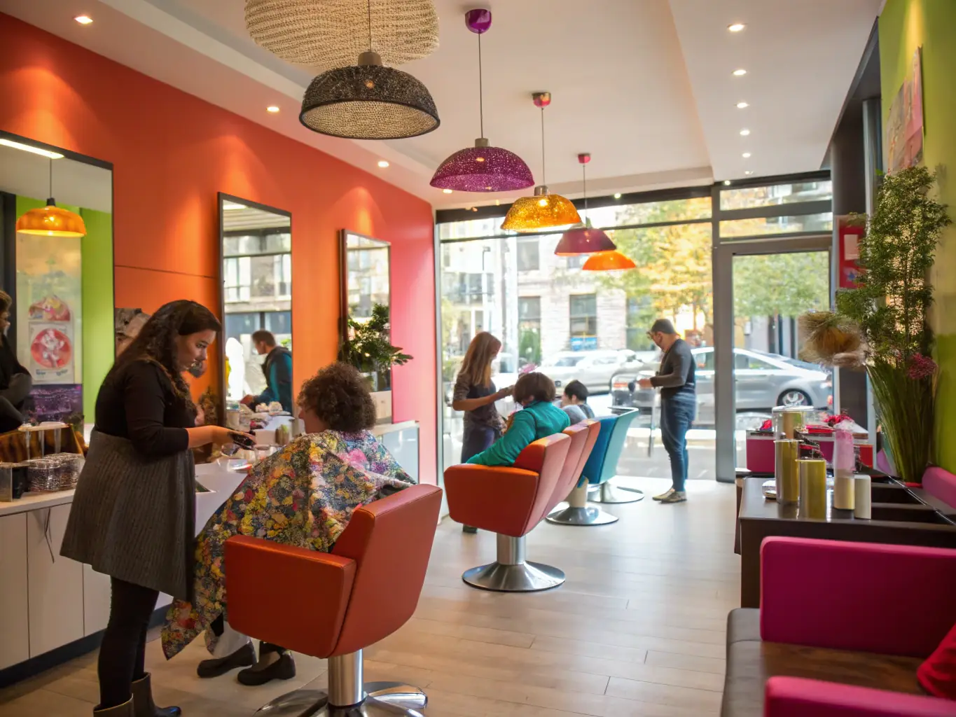 A brightly lit, modern salon interior with stylists working on clients, showcasing a busy and successful salon environment.