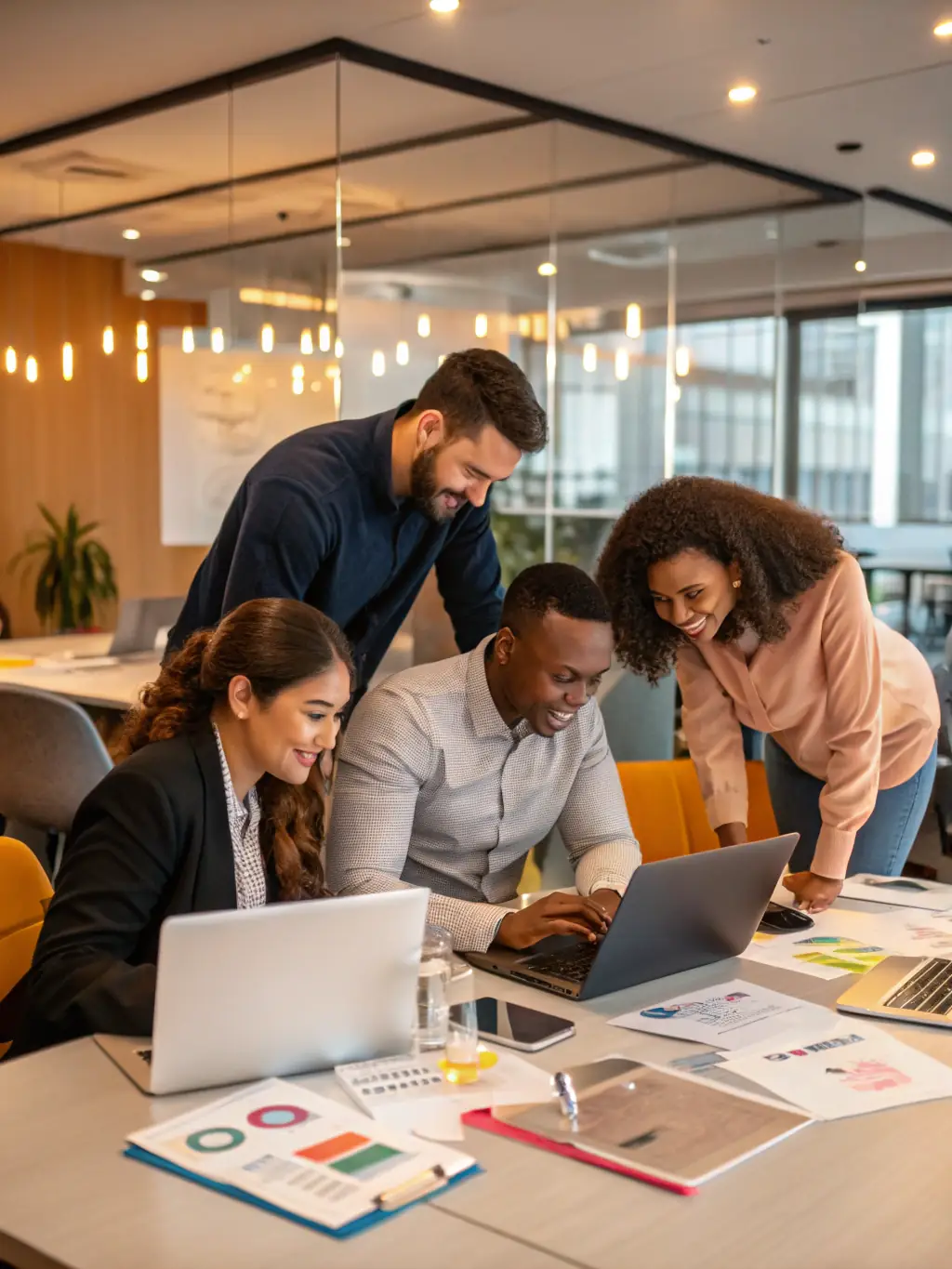 A photo of a marketing team celebrating a successful campaign, with laptops and marketing materials visible, showcasing the impact of OnDeckClone's funding on business growth.
