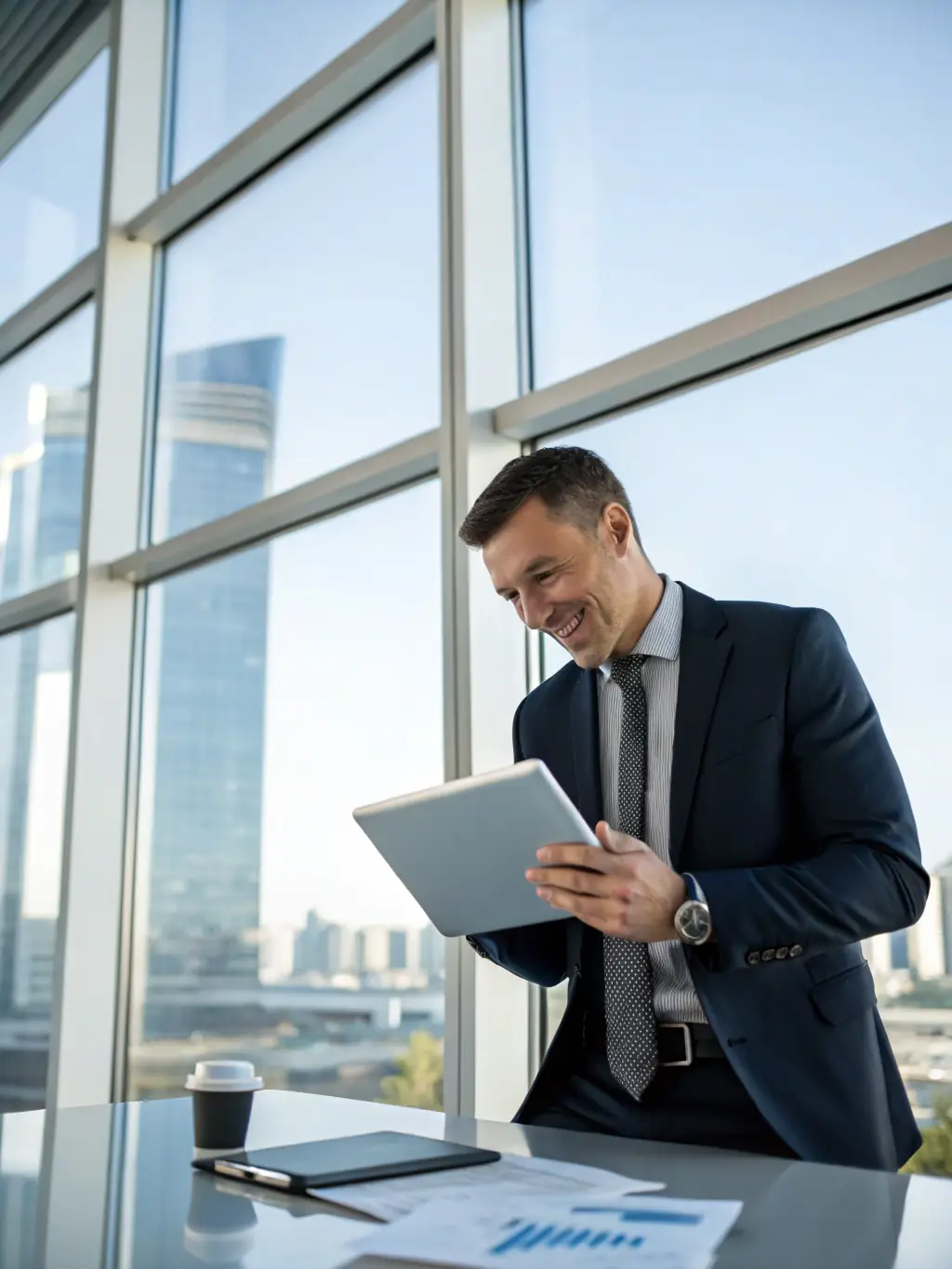 A professional photo of a utility company executive smiling confidently while reviewing financial documents in a modern office setting, symbolizing trust and reliability.