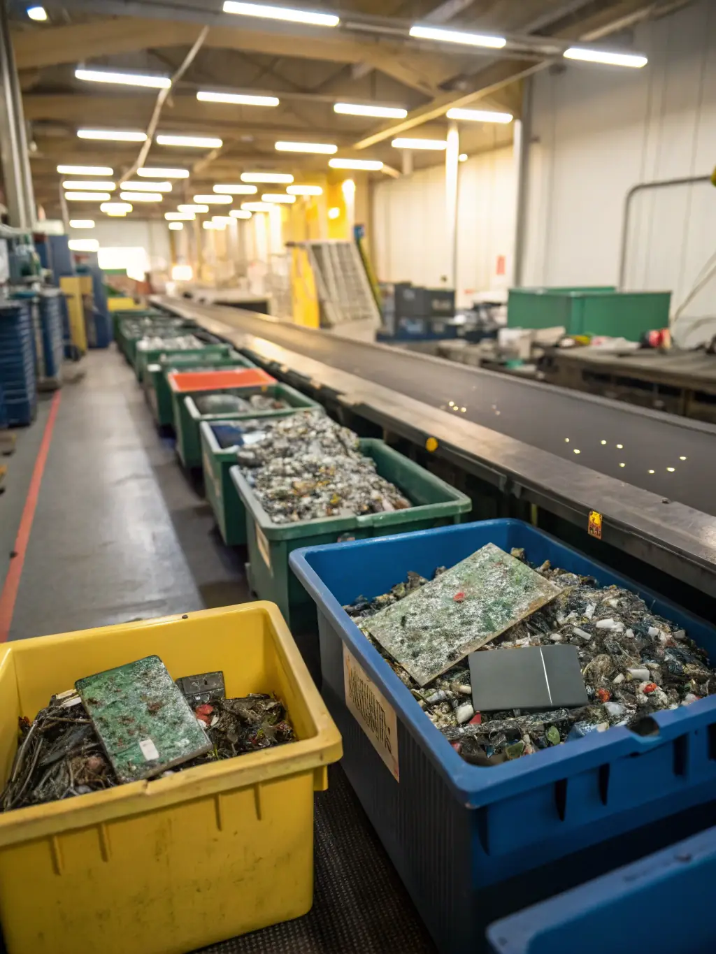 A medium shot of a modern recycling plant with various types of recyclable materials being sorted, emphasizing the need for efficient equipment.
