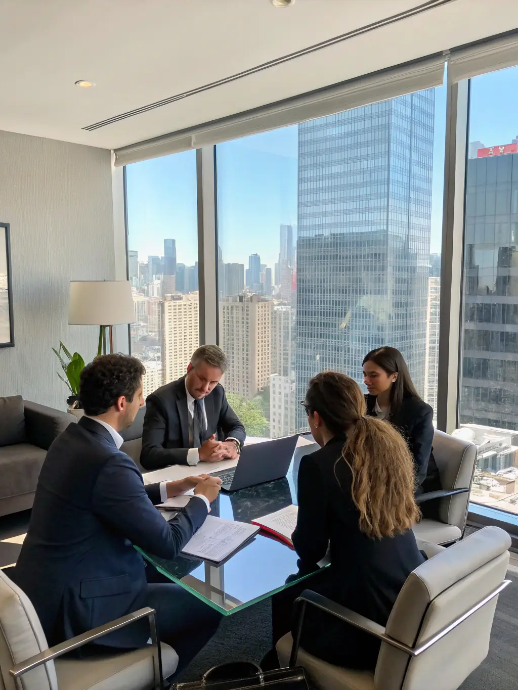 A group of mineral company executives in a boardroom, celebrating a successful funding round with Mulah, highlighting the positive outcomes of the partnership.