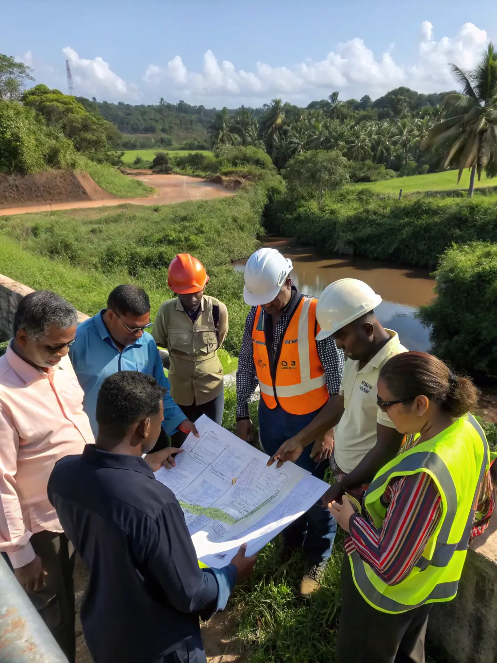 A diverse team of engineers and environmental scientists collaborating on a sustainable mineral extraction project, showcasing innovation and environmental responsibility, in a bright and modern office.