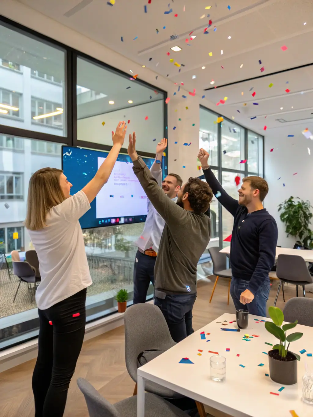 A fast-paced tech startup celebrating a successful funding round, showcasing Mulah's quick approval process.