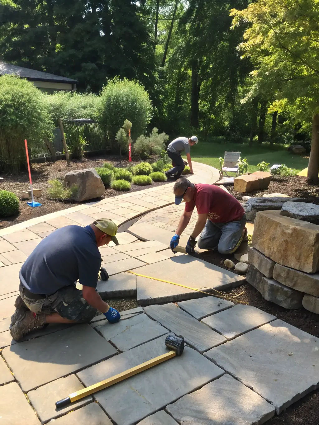 A team of landscapers installing a beautiful patio in a backyard, demonstrating the use of Mulah's funding for project-based expenses.