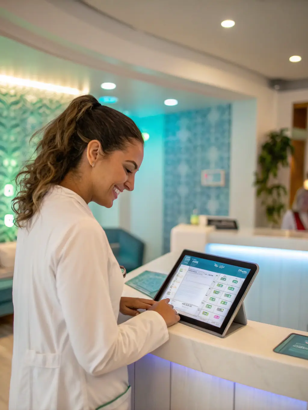 A massage therapist smiling while reviewing funding options on a tablet in a modern spa setting, conveying ease and satisfaction.