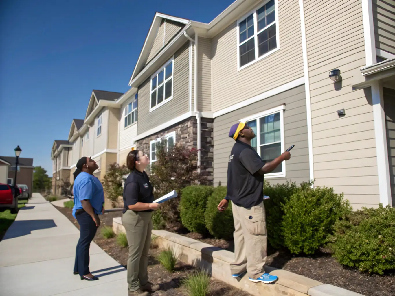 A property management team inspecting a well-maintained apartment complex, showcasing their commitment to quality and tenant satisfaction.