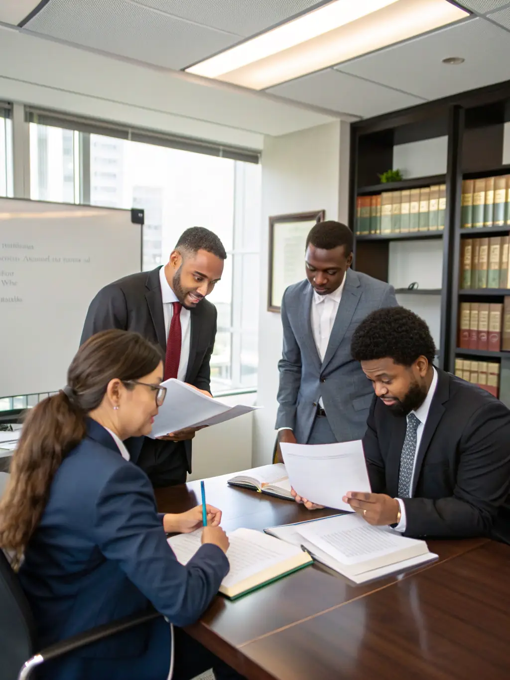 A professional photograph of a diverse group of attorneys collaborating in a modern law firm office, symbolizing teamwork and success.