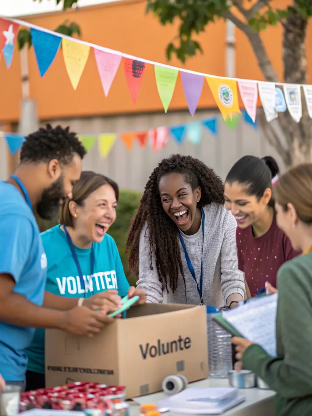 A diverse group of volunteers working together at a community event, showcasing the impact of volunteer efforts and community engagement.
