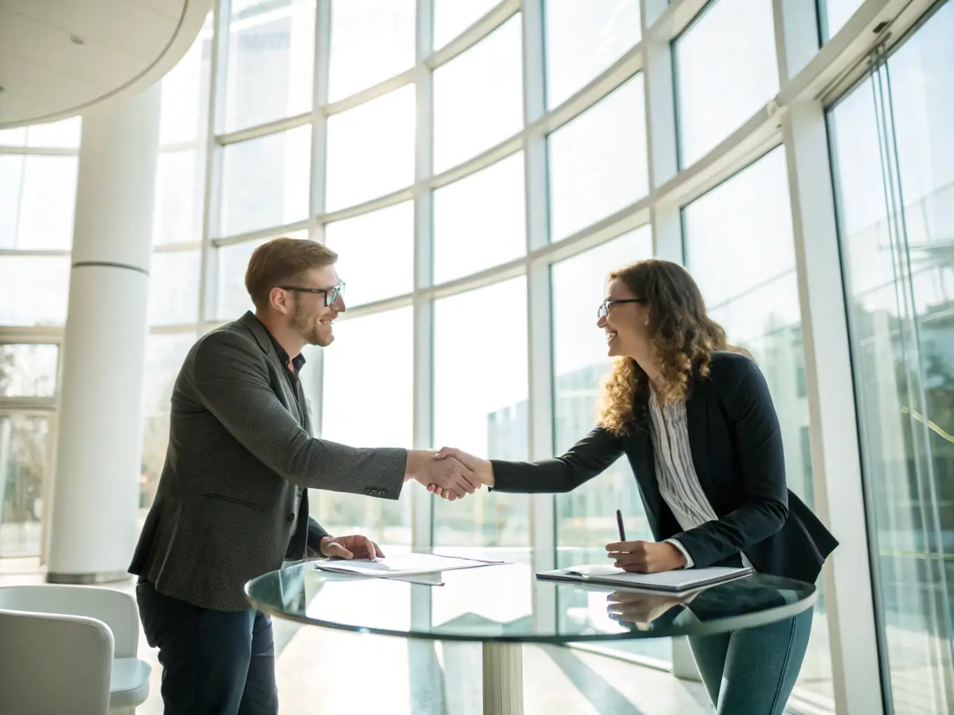 A businessman is confidently shaking hands with a financial advisor, symbolizing the quick approval process and the ease of securing funding with OnDeckClone.
