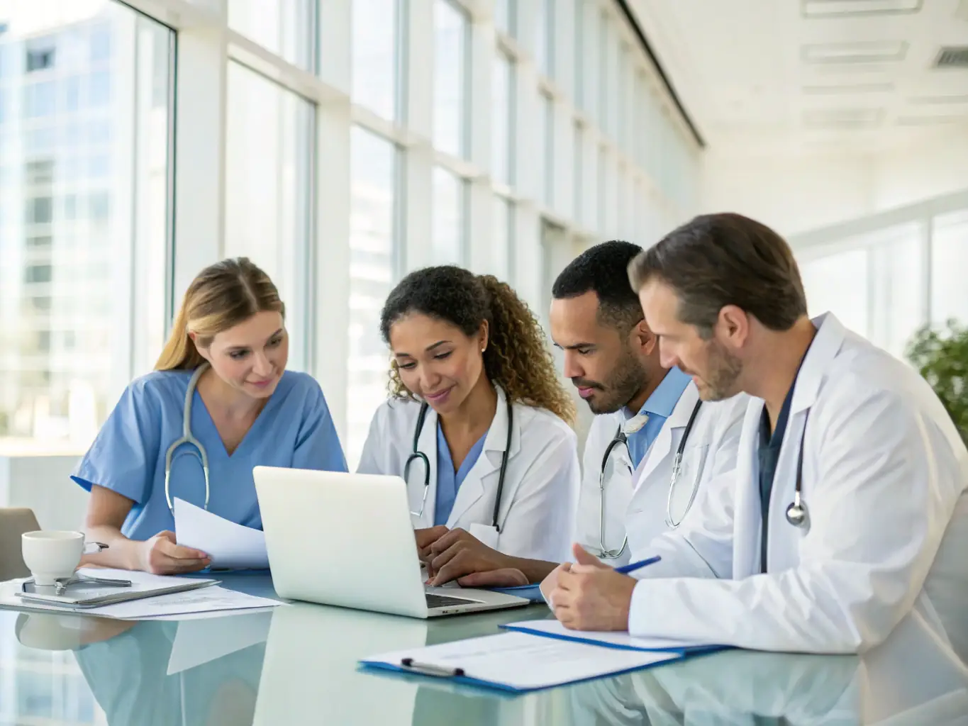 A team of healthcare professionals collaborating in a modern office, highlighting the importance of skilled staff in primary care.