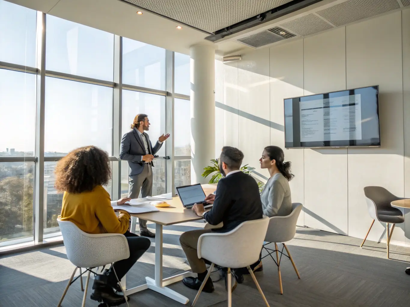 A professional sign language interpreter confidently signing during a business meeting, symbolizing Mulah's support for effective communication.