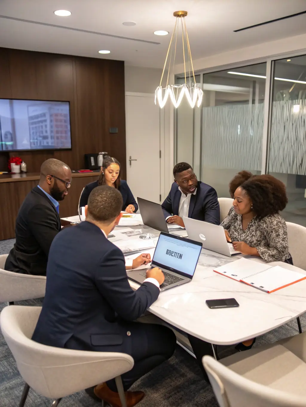 An image of a diverse group of landscapers in a meeting, reviewing project plans and financial reports, with smiles and positive body language, indicating collaboration and success.