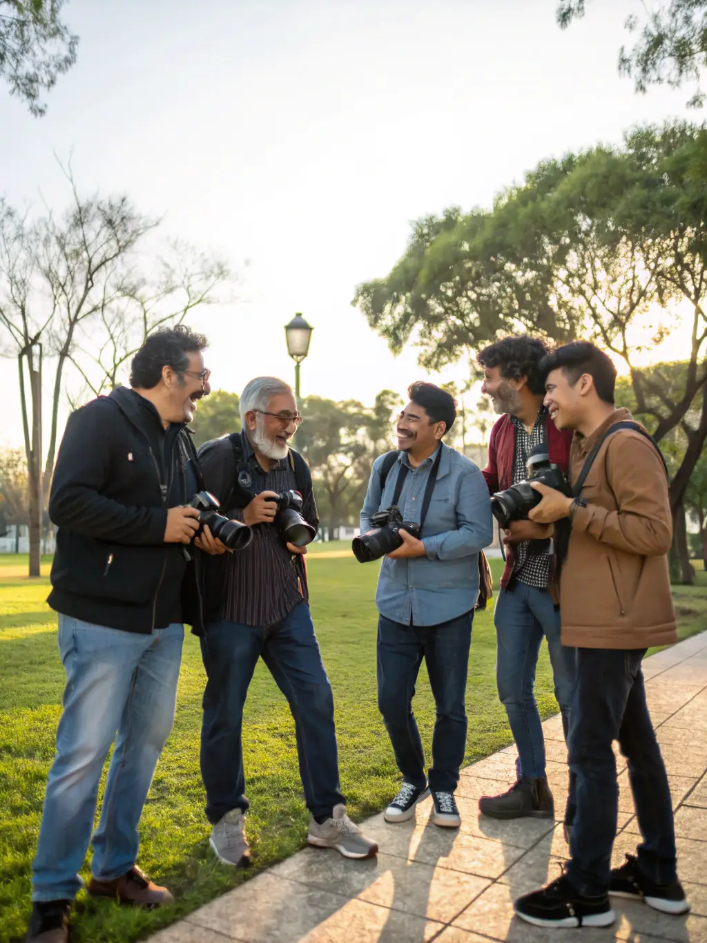 A diverse group of photographers collaborating on a photoshoot, demonstrating teamwork and a supportive community.