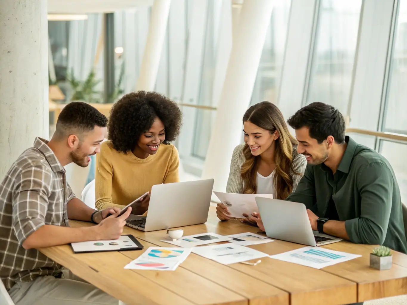 A diverse team of financial professionals collaborating in a modern office, showcasing industry expertise.