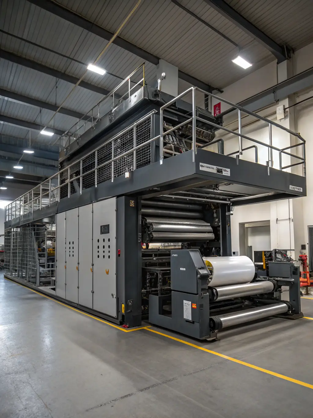 An aerial view of a large, modern printing facility, emphasizing its scale and potential for growth. The image should represent expansion and innovation in the printing industry, suitable for expansion funding promotion.