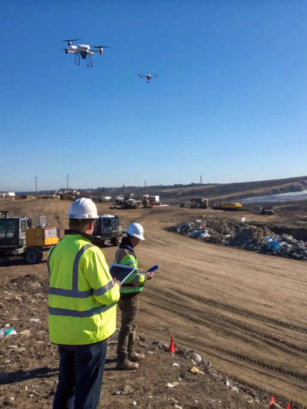 A drone shot of a landfill site being efficiently managed, showcasing the need for innovative waste management solutions and funding.
