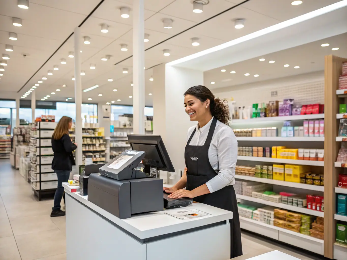 A modern retail store with a sleek point-of-sale system and well-organized shelves, highlighting the importance of having a line of credit for unexpected expenses.