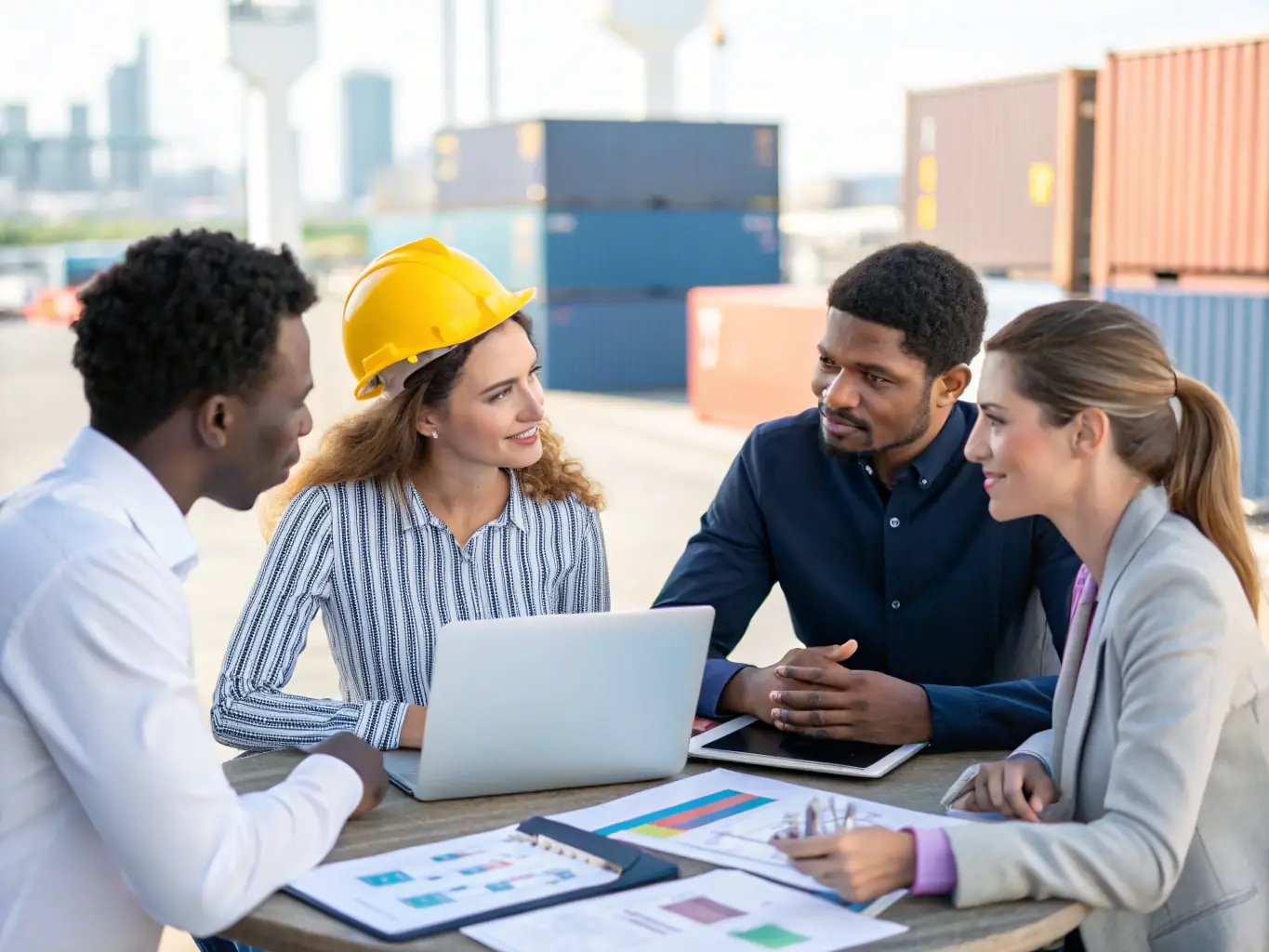 A close-up shot of a diverse team of logistics professionals collaborating in a modern office, emphasizing partnership and support.