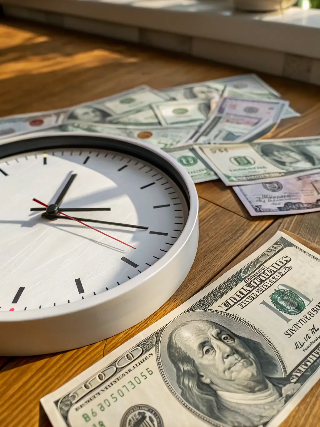 An image of a clock with money flowing into it, representing the speed and efficiency of Mulah's funding process.